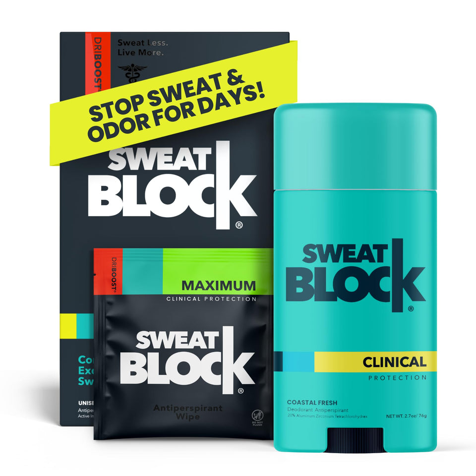 SweatBlock front packaging showing the full two-step system and benefits