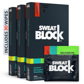 SweatBlock front packaging showing 30 wipe pouch and branding for reliable dry protection