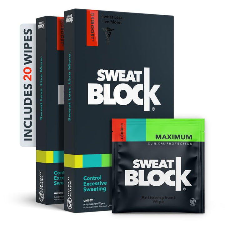 SweatBlock front packaging showing 20 wipes and brand for travel convenience