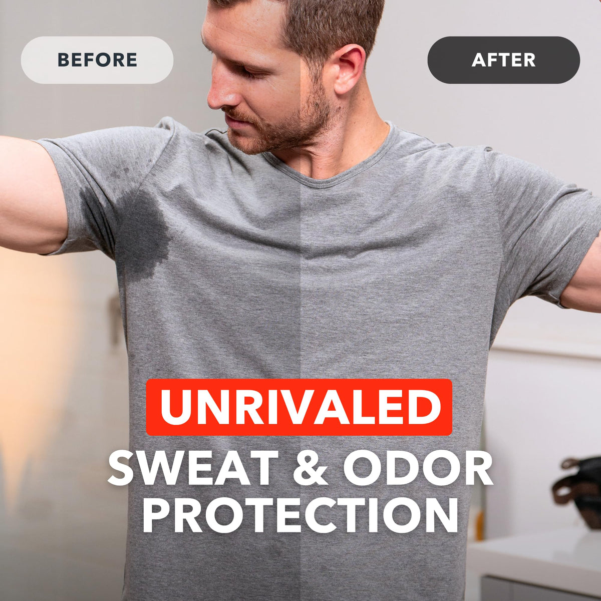 Hand applying SweatBlock roll-on underarm showing easy nighttime application benefit