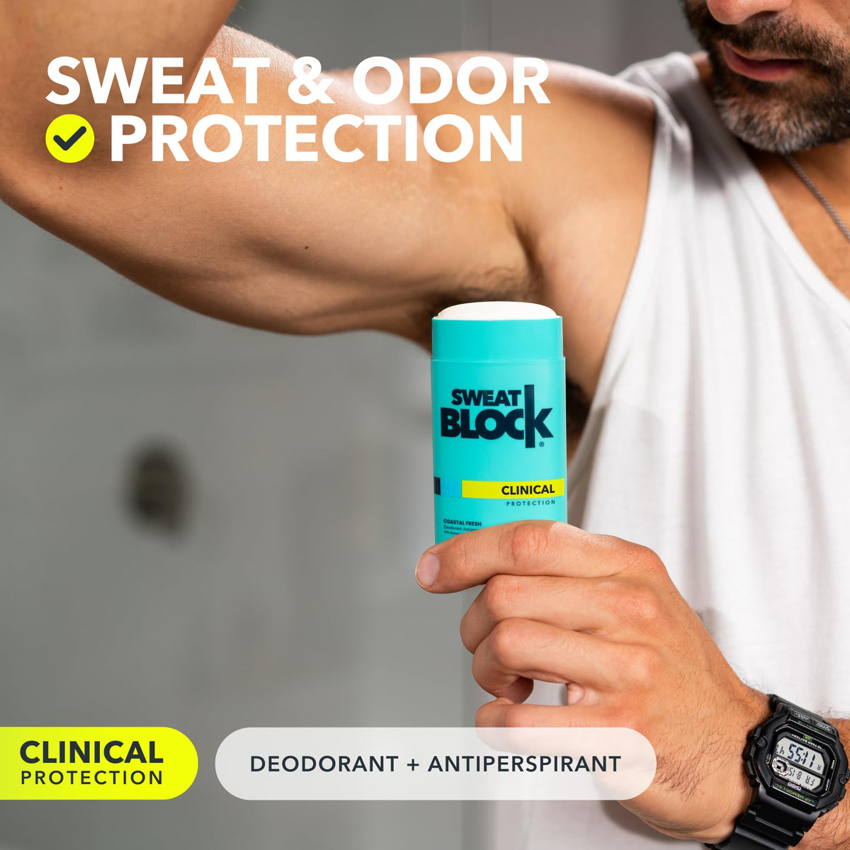Hand holding SweatBlock stick to show size and travel-friendly convenience