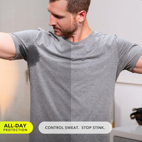 Clear product label of SweatBlock showing clean ingredients and made in USA assurance