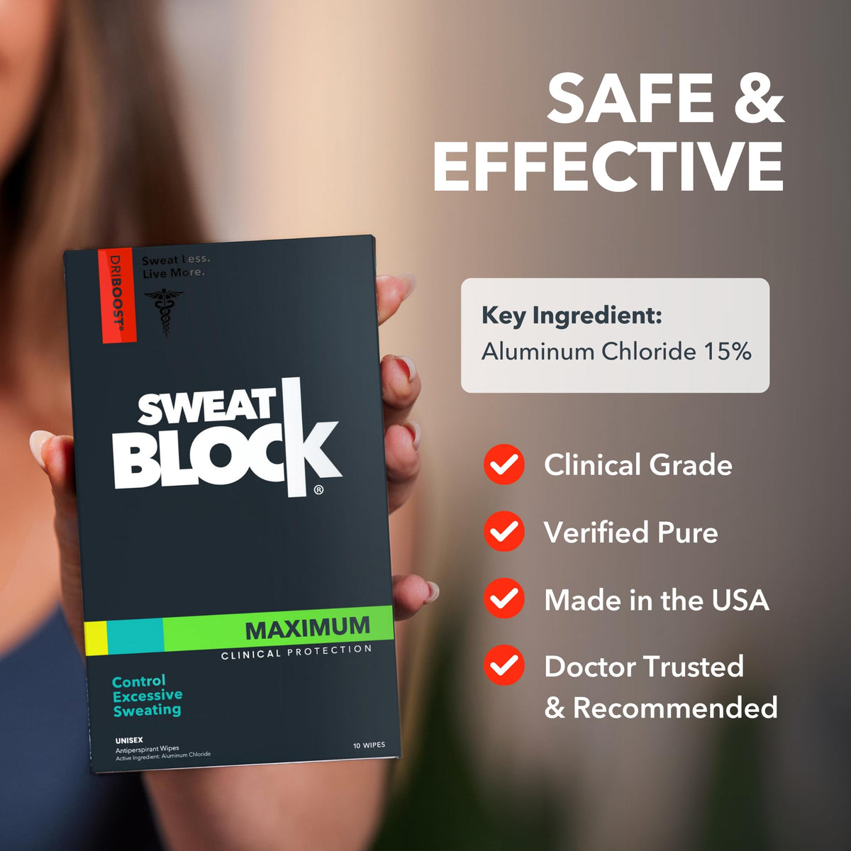 Person at formal event raising arms confidently after using SweatBlock wipes