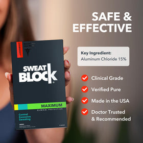 Person at formal event raising arms confidently after using SweatBlock wipes