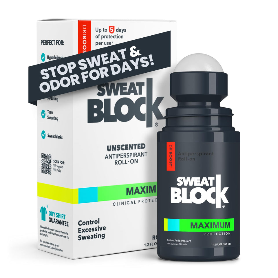 SweatBlock roll-on front view showing bottle and label for reliable sweat control