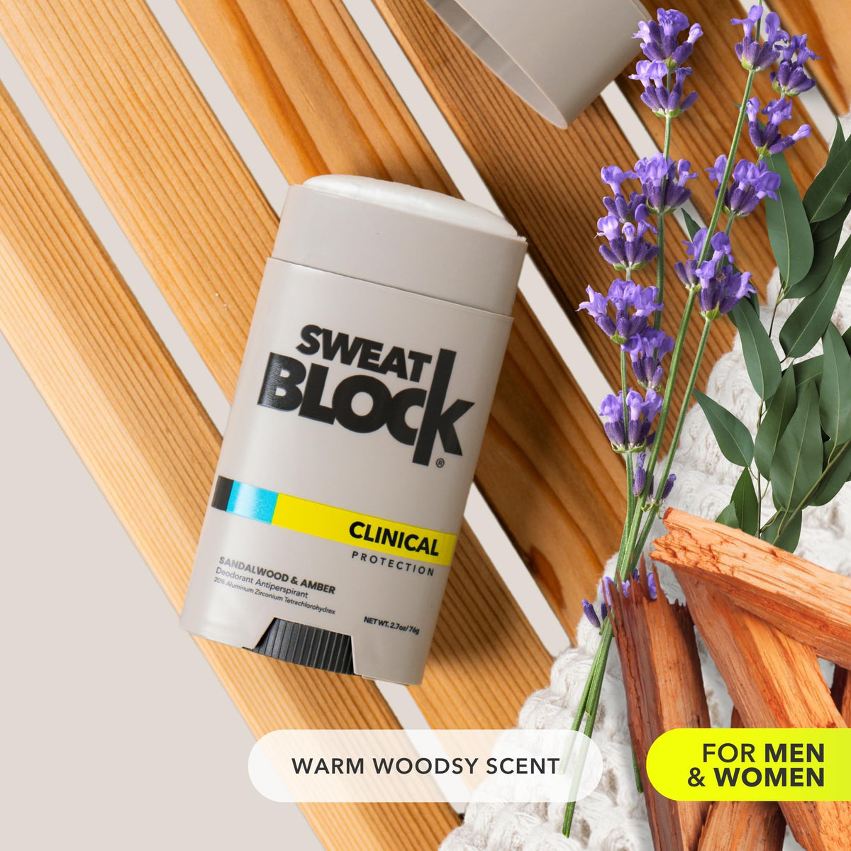 Sandalwood and amber scent illustration representing SweatBlock warm fresh fragrance