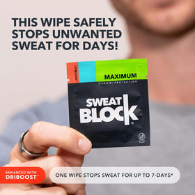 SweatBlock single wipe being unwrapped for easy application and portability