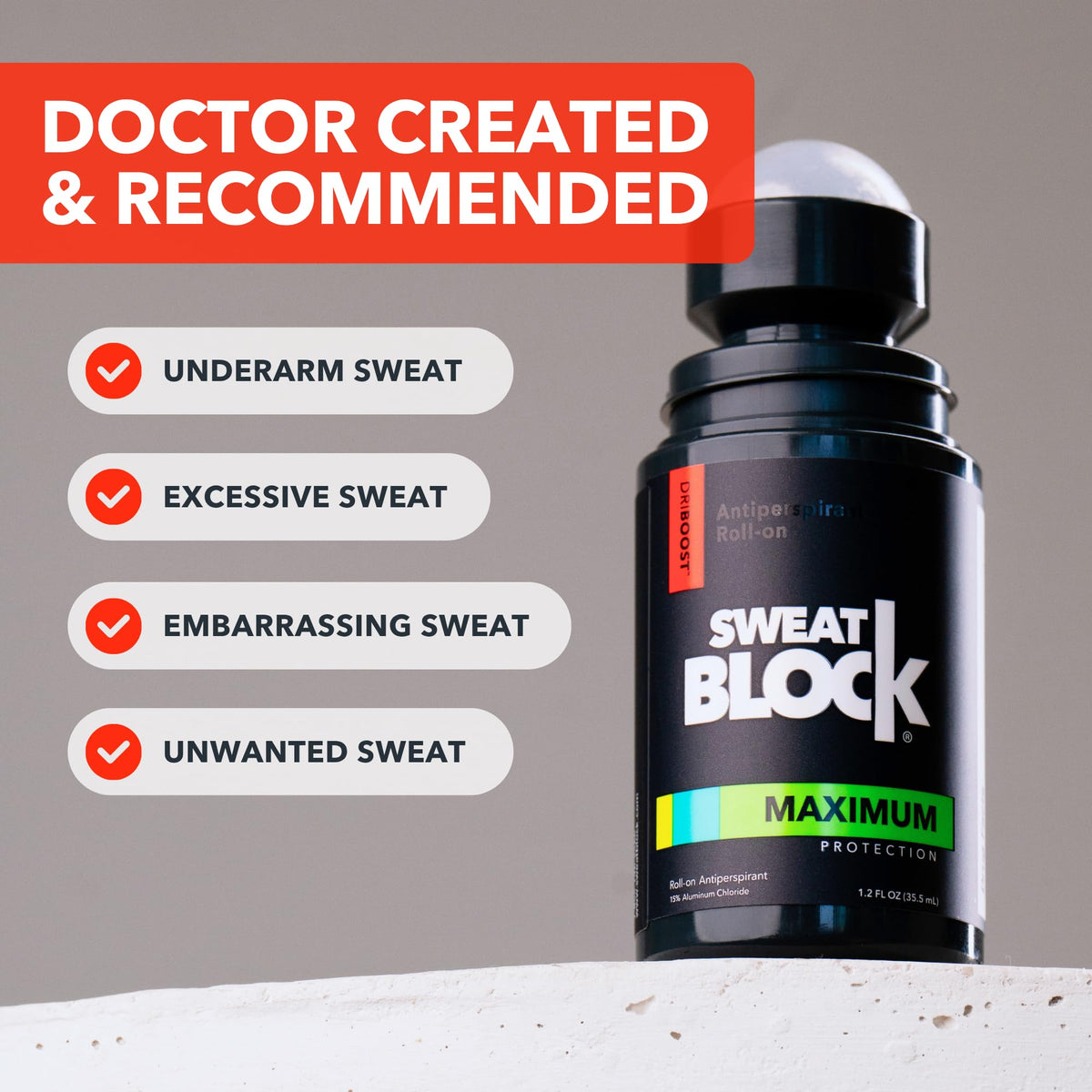 SweatBlock bottle beside a credit card to show compact 1.2 fl oz size convenience