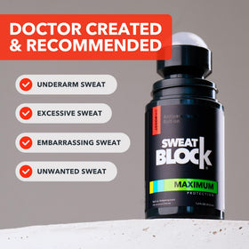 SweatBlock bottle beside a credit card to show compact 1.2 fl oz size convenience