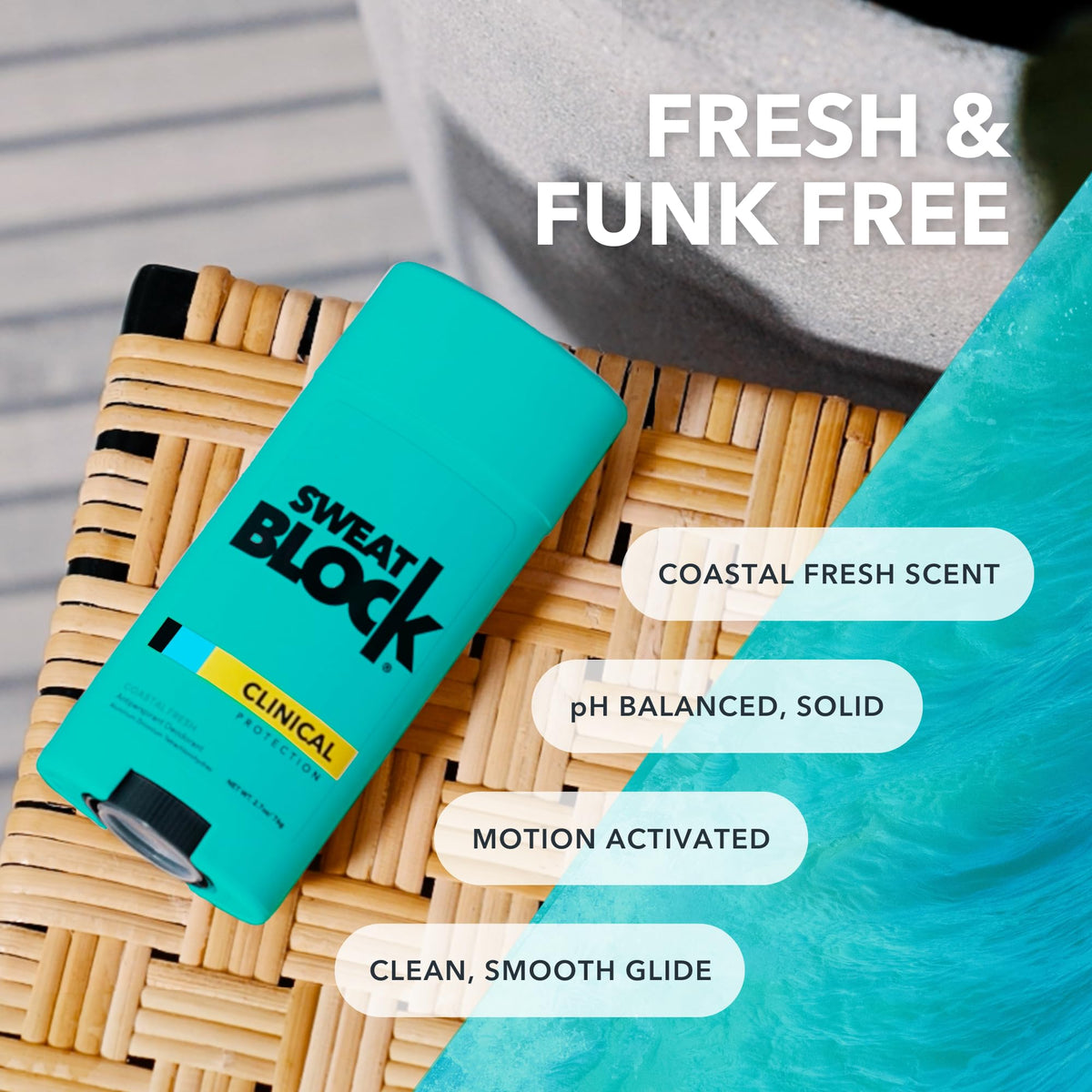 SweatBlock deodorant next to hand for scale to show product size