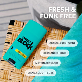 SweatBlock deodorant next to hand for scale to show product size