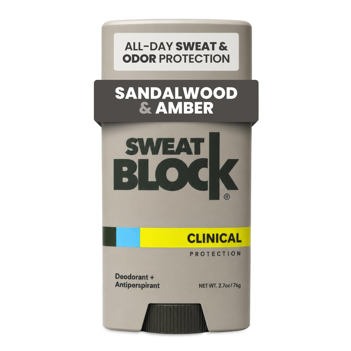 SweatBlock clinical strength stick front packaging showing brand and scent for confident protection