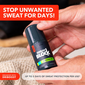 Close-up of SweatBlock formula texture on applicator demonstrating clinical strength