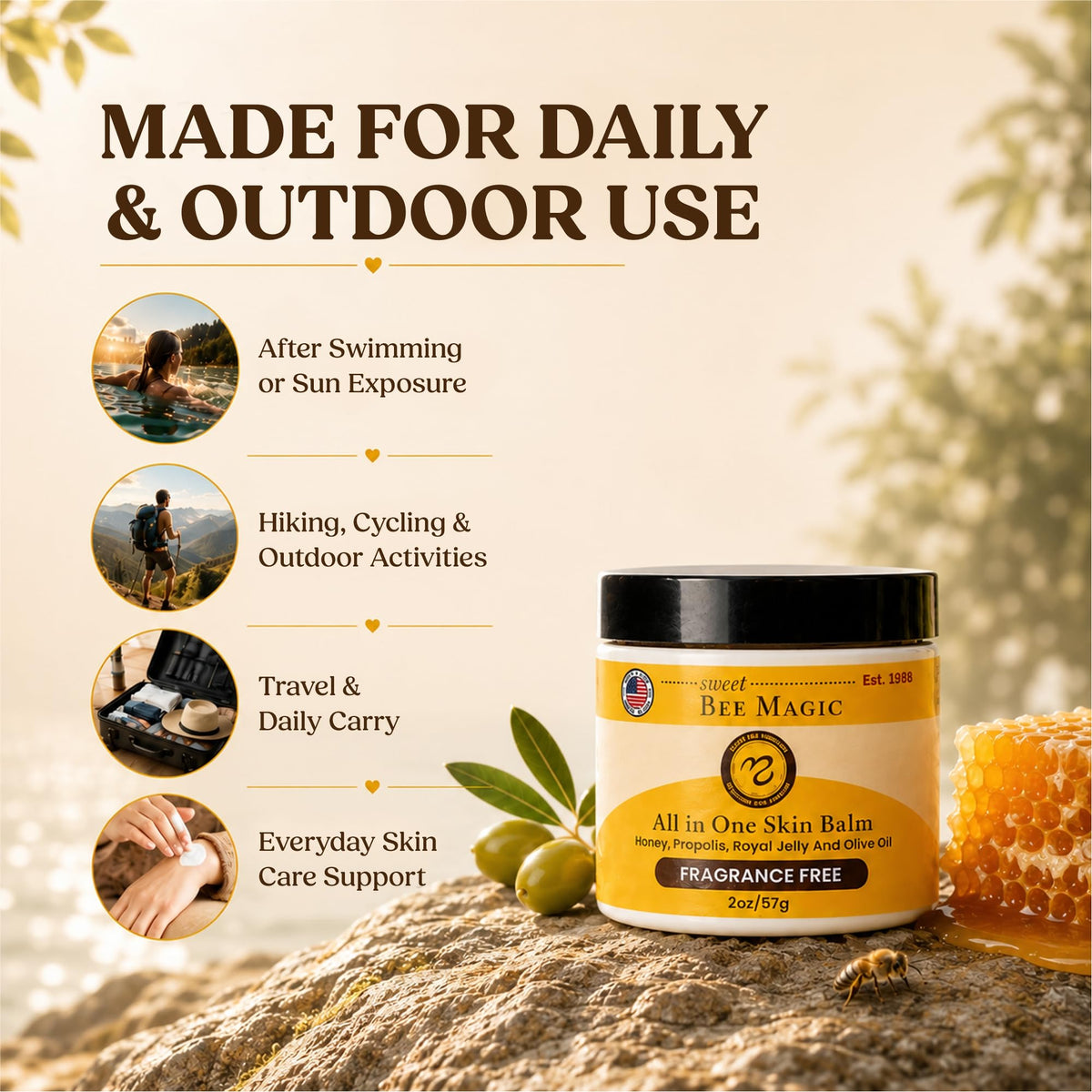 Sweet Bee Naturals balm on fingertips demonstrating easy application and targeted hydration