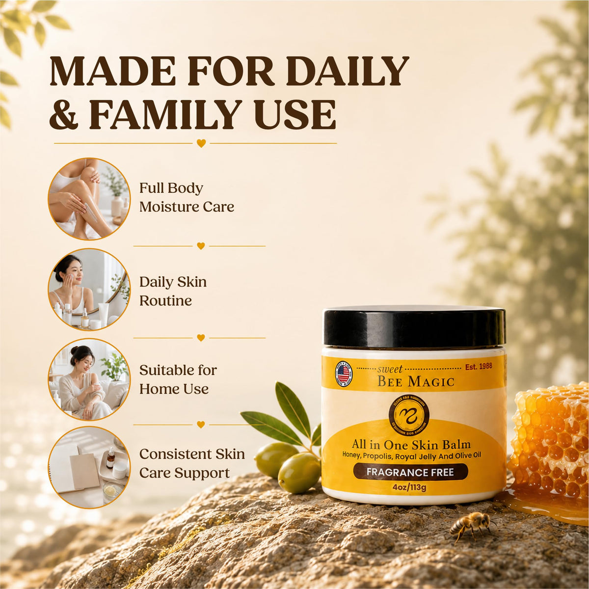 Sweet Bee Naturals balm applied on hand showing quick absorption and hydration benefit