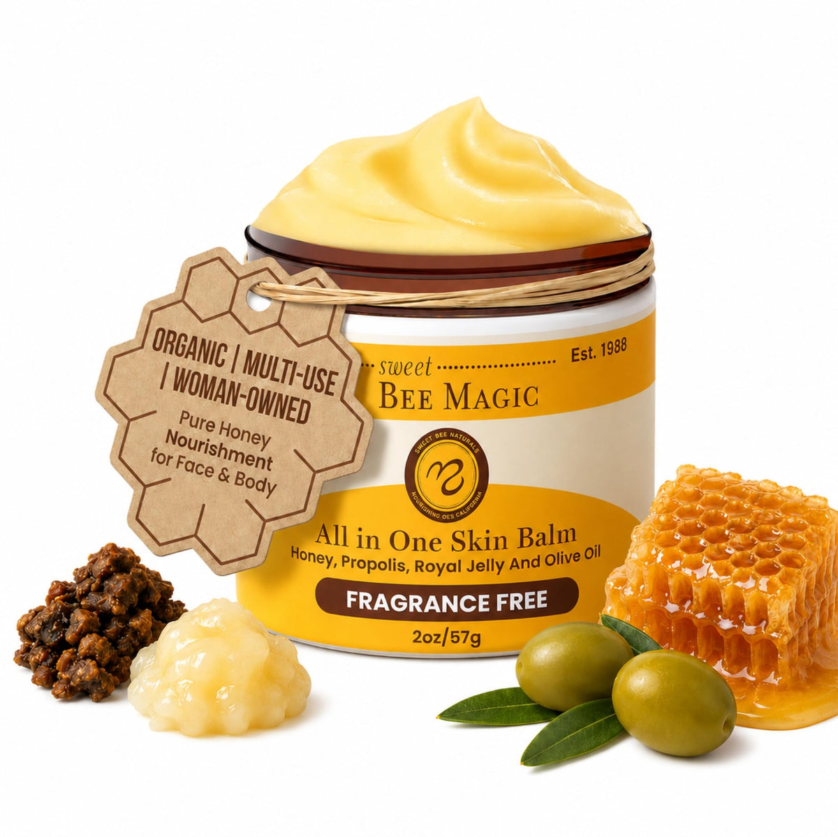 Sweet Bee Naturals jar front view showing clean beeswax balm packaging and benefit of natural moisture