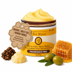 Sweet Bee Naturals jar front view showing clean beeswax balm packaging and benefit of natural moisture