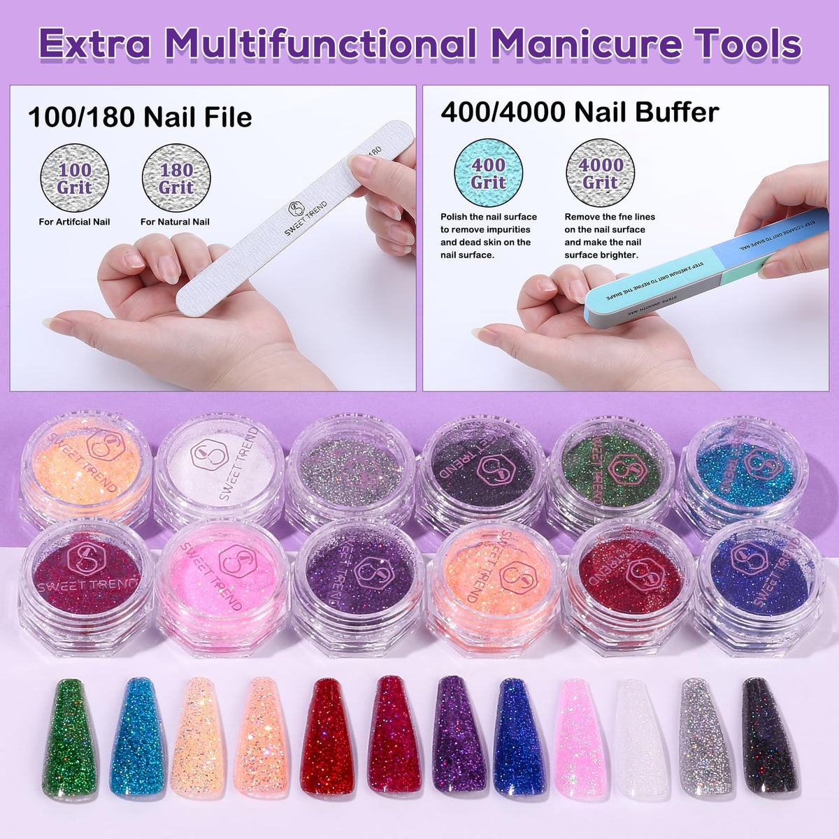 SWEET TREND glitter powders selection for creative sparkly nail designs