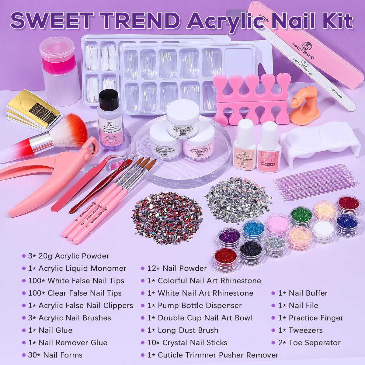 SWEET TREND close-up of clear pink white powders and monomer for smooth blending