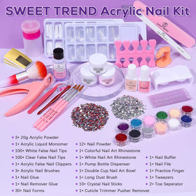 SWEET TREND close-up of clear pink white powders and monomer for smooth blending