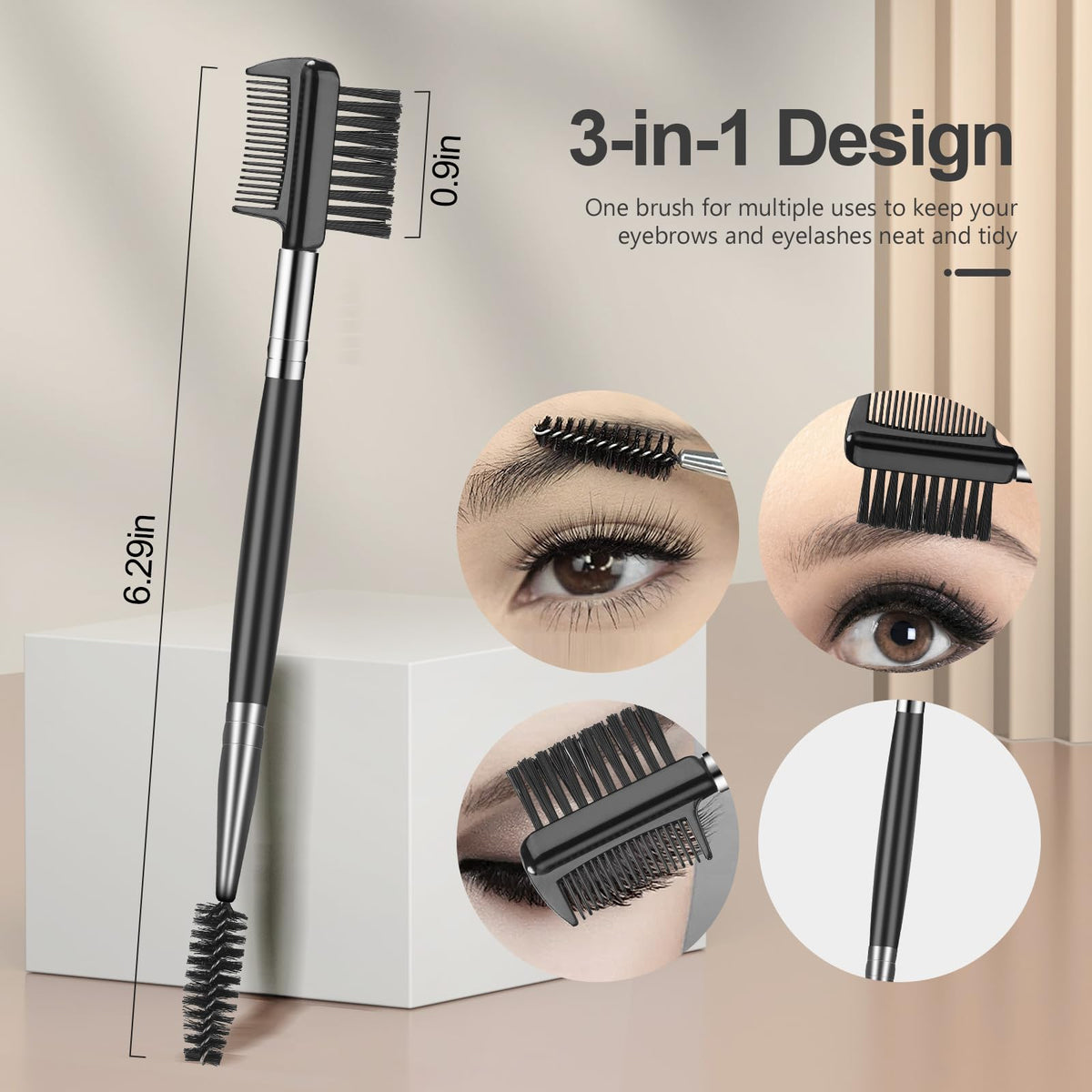 SWEET VIEW dual-ended lash comb and brow brush demonstrating combing and grooming efficiency