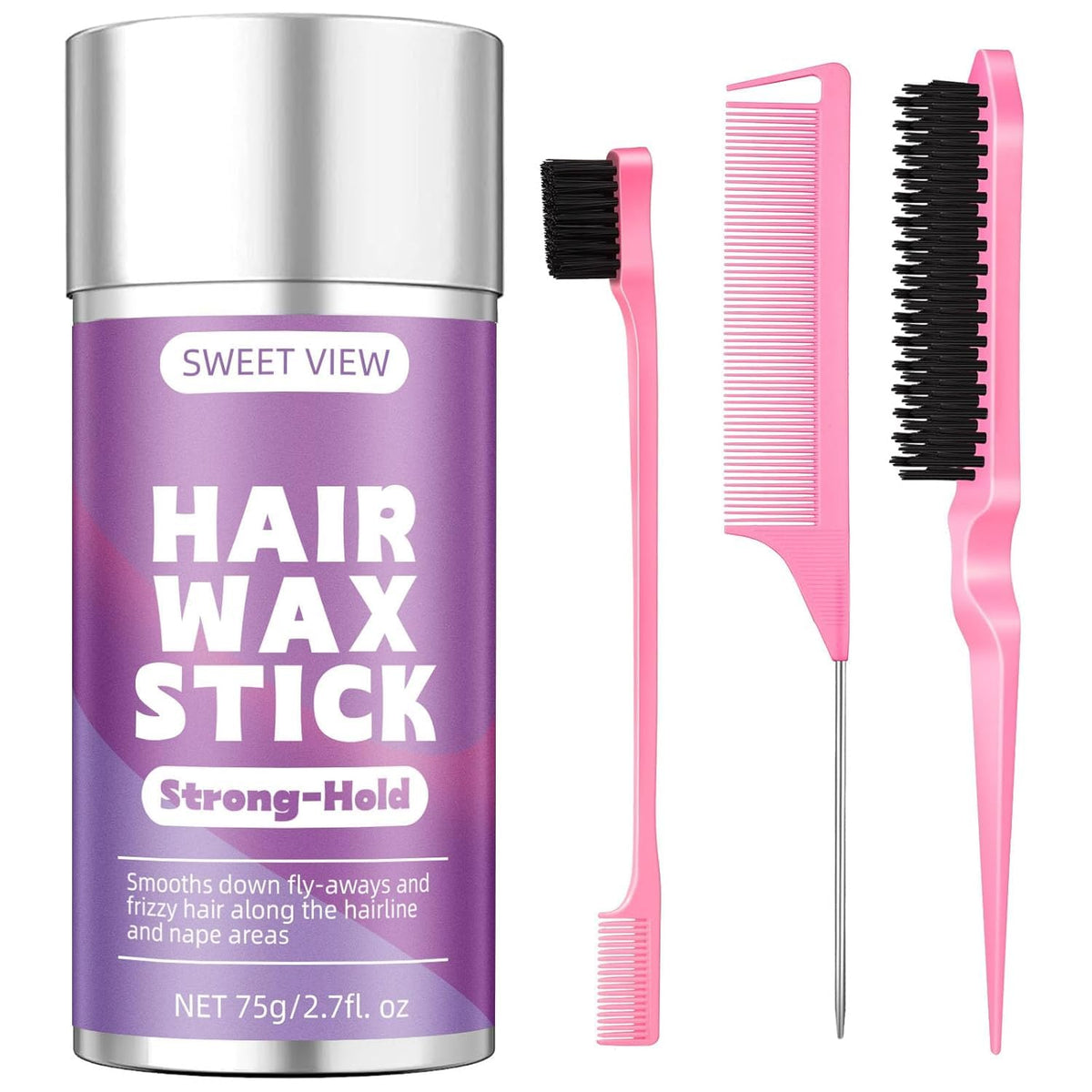 SWEET VIEW front packaging showing wax stick and slick-back brush for neat styles