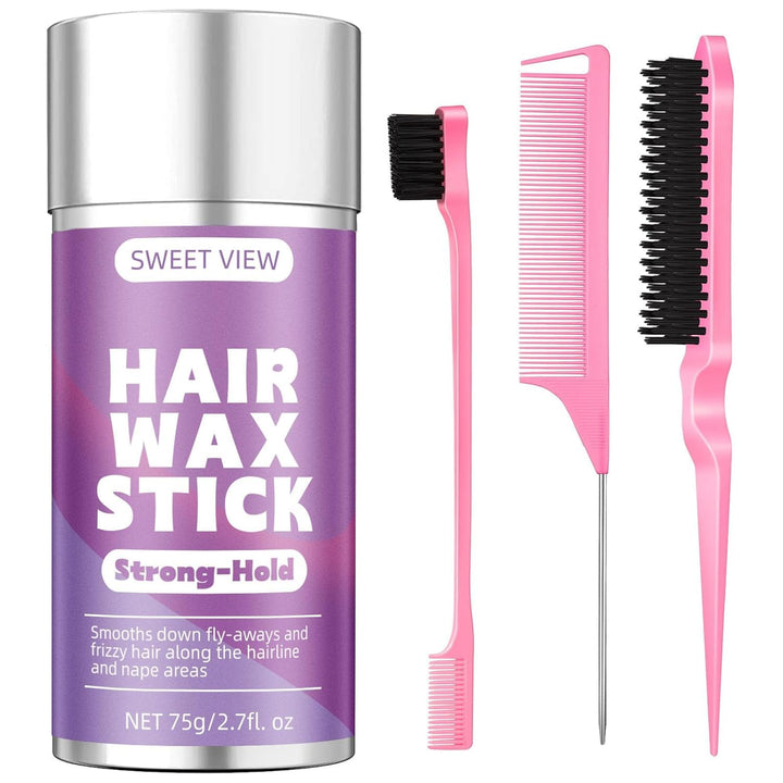 SWEET VIEW front packaging showing wax stick and slick-back brush for neat styles