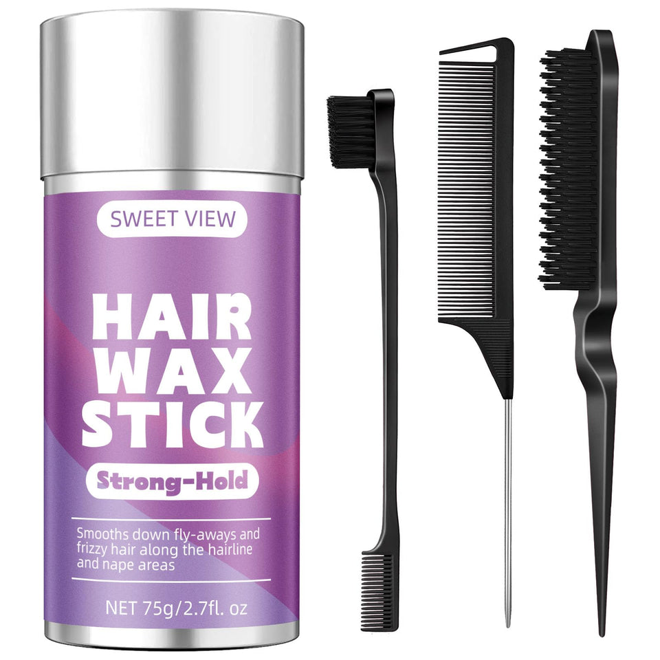 SWEET VIEW front packaging showing wax stick and slick back brush for neat styling