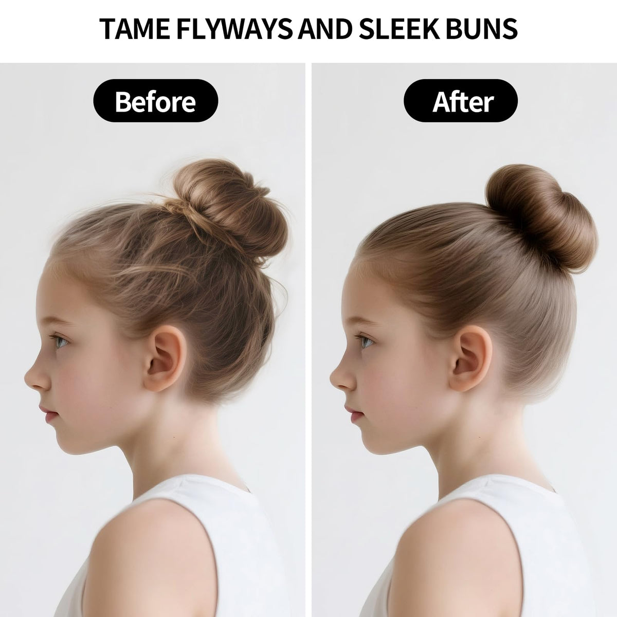 SWEET VIEW wax stick finishing a sleek bun with blended hairs and natural shine