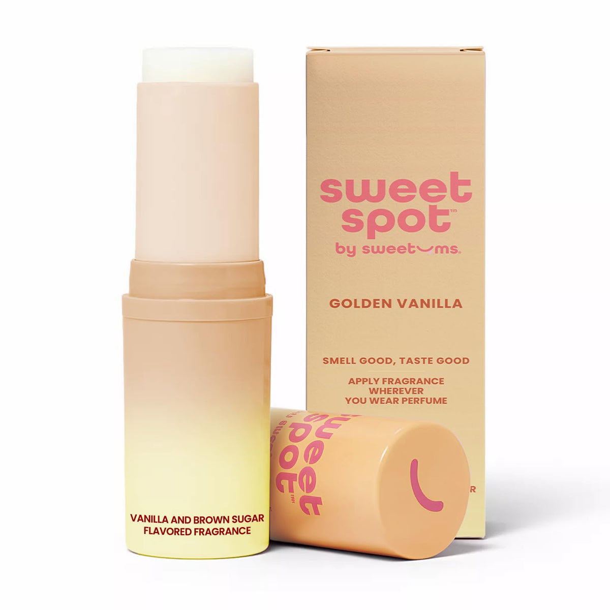 Sweetums front packaging showing Brown Sugar Vanilla stick and compact size benefit