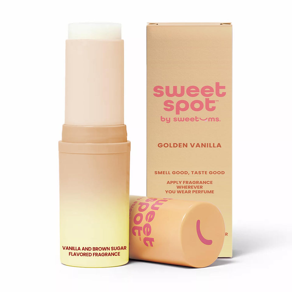Sweetums front packaging showing Brown Sugar Vanilla stick and compact size benefit