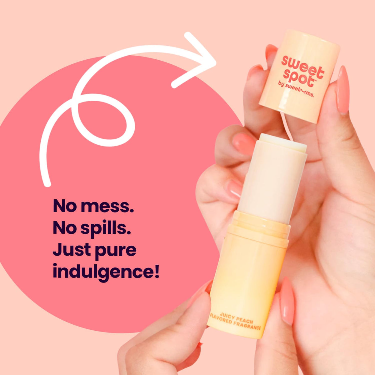 Sweetums SweetSpot Peach light swipe on lips for subtle peach flavor