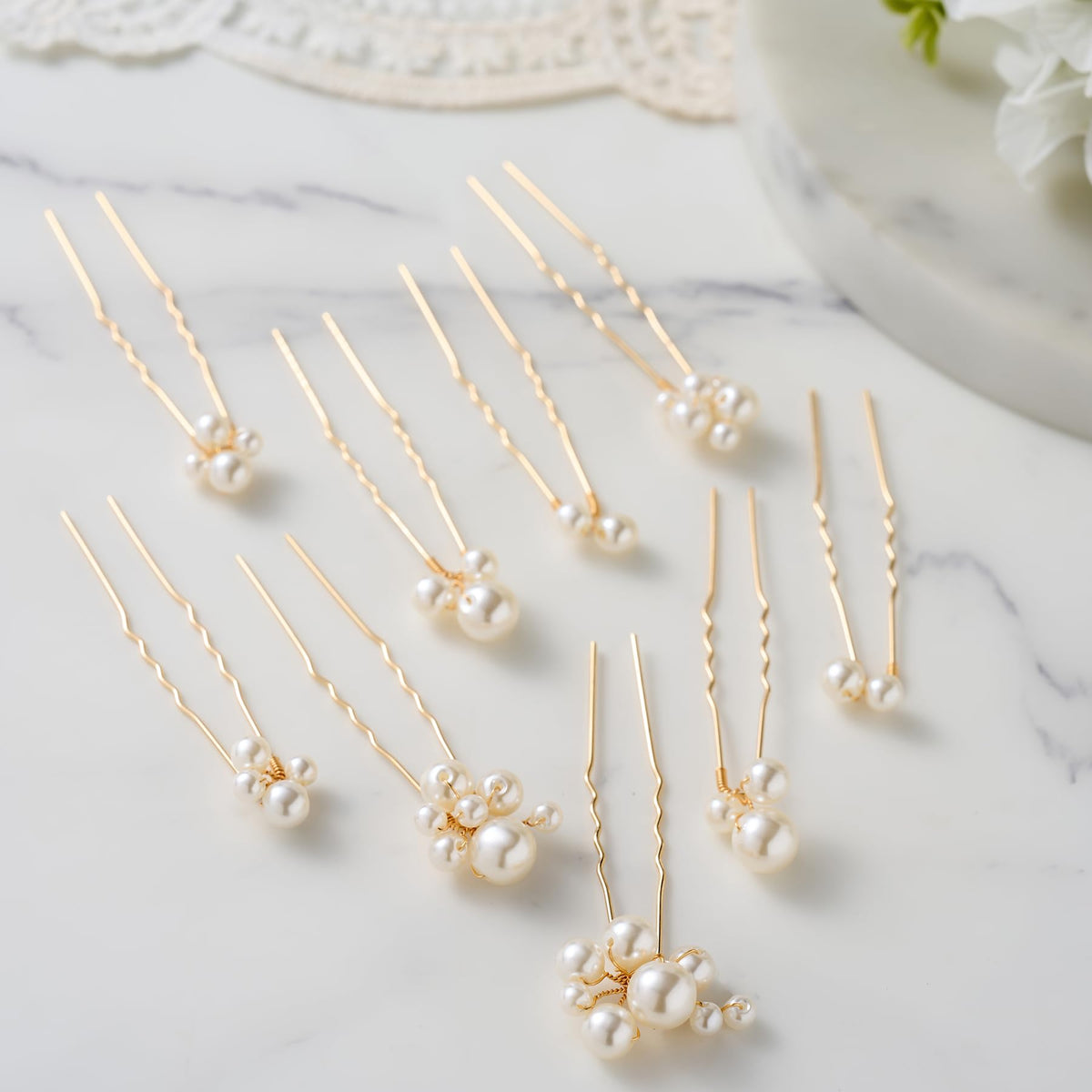 SWEETV pins inserted in bridal updo illustrating secure hold and elegant finish