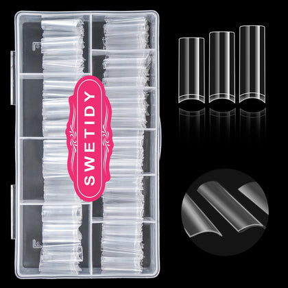 SWETIDY front packaging showing 500 clear square nail tips and box, organized