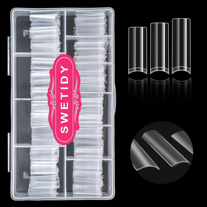 SWETIDY front packaging showing 500 clear square nail tips and box, organized