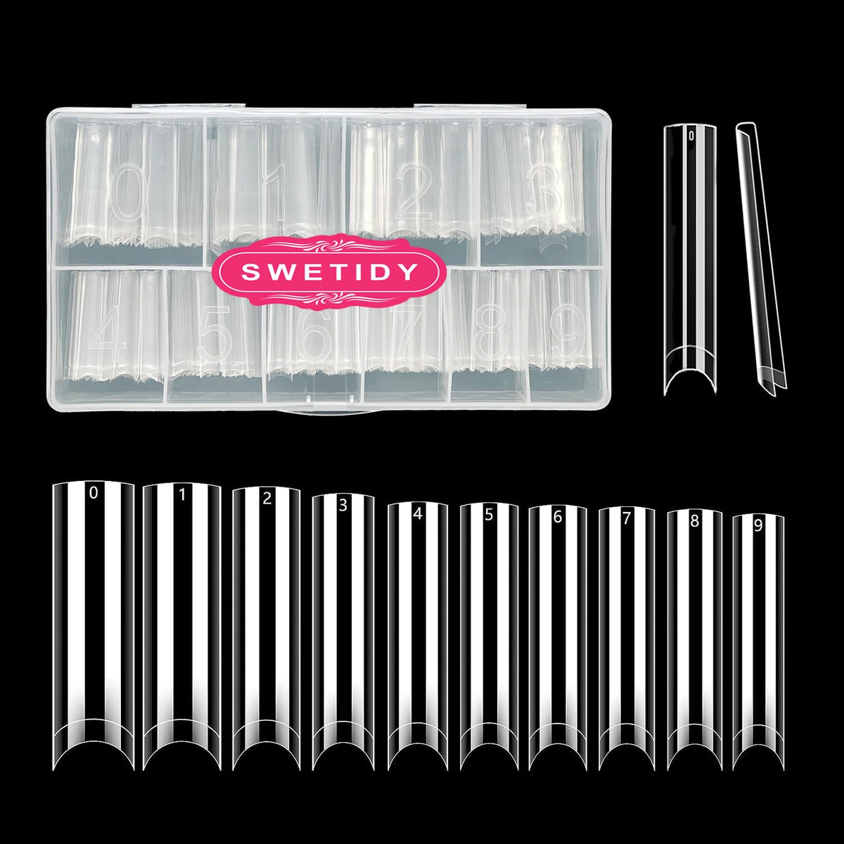 SWETIDY front view of clear tips in box showing organization and convenience