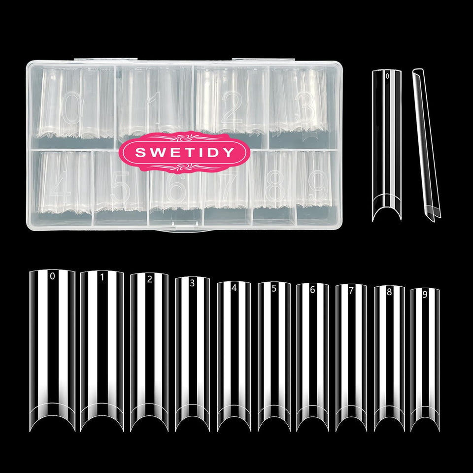SWETIDY front view of clear tips in box showing organization and convenience