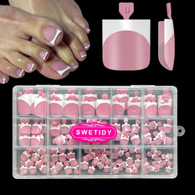 SWETIDY front packaging showing 150 berry pink toe press ons and clear labeling for convenience