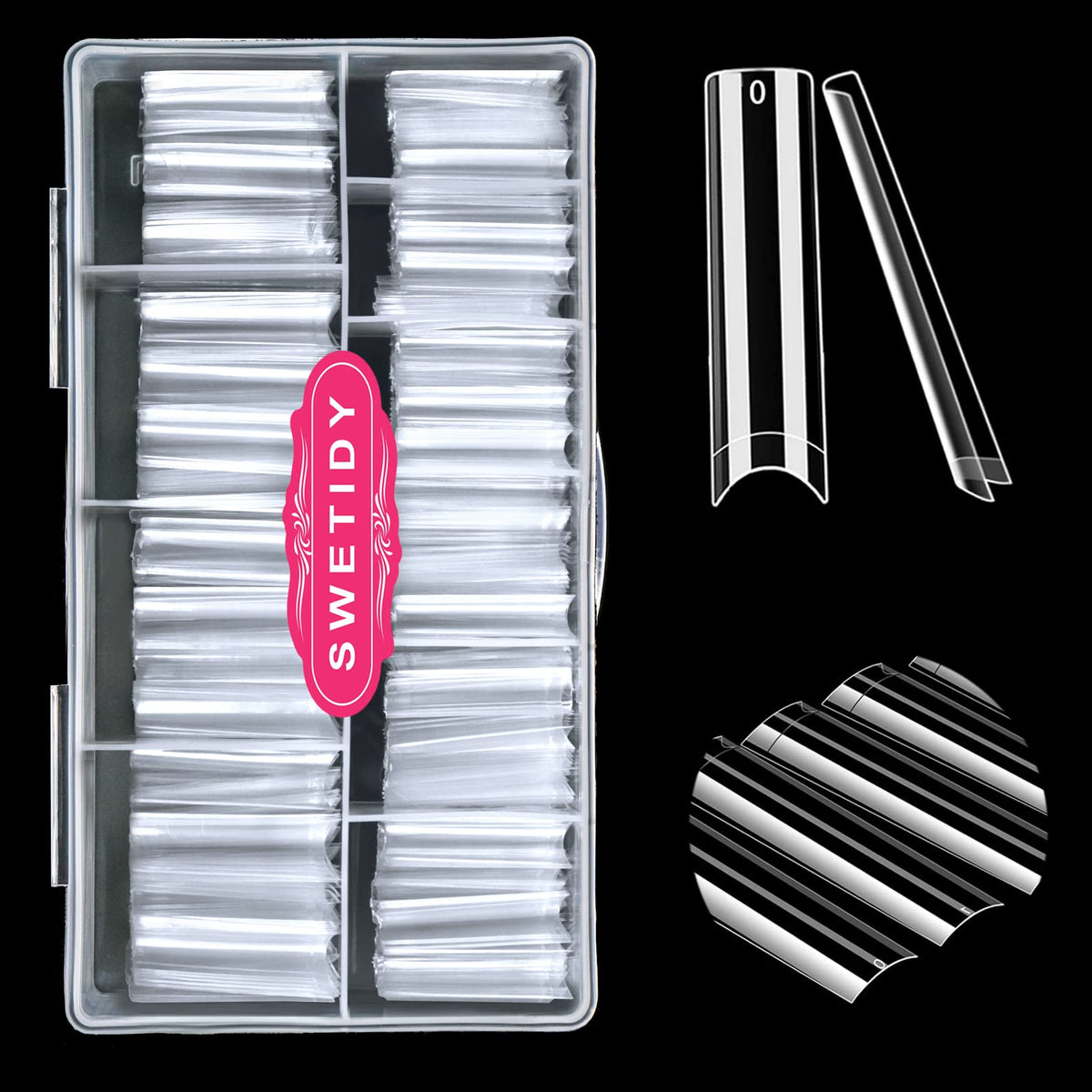 SWETIDY front packaging showing 500 clear XXL tips, improves salon supply efficiency