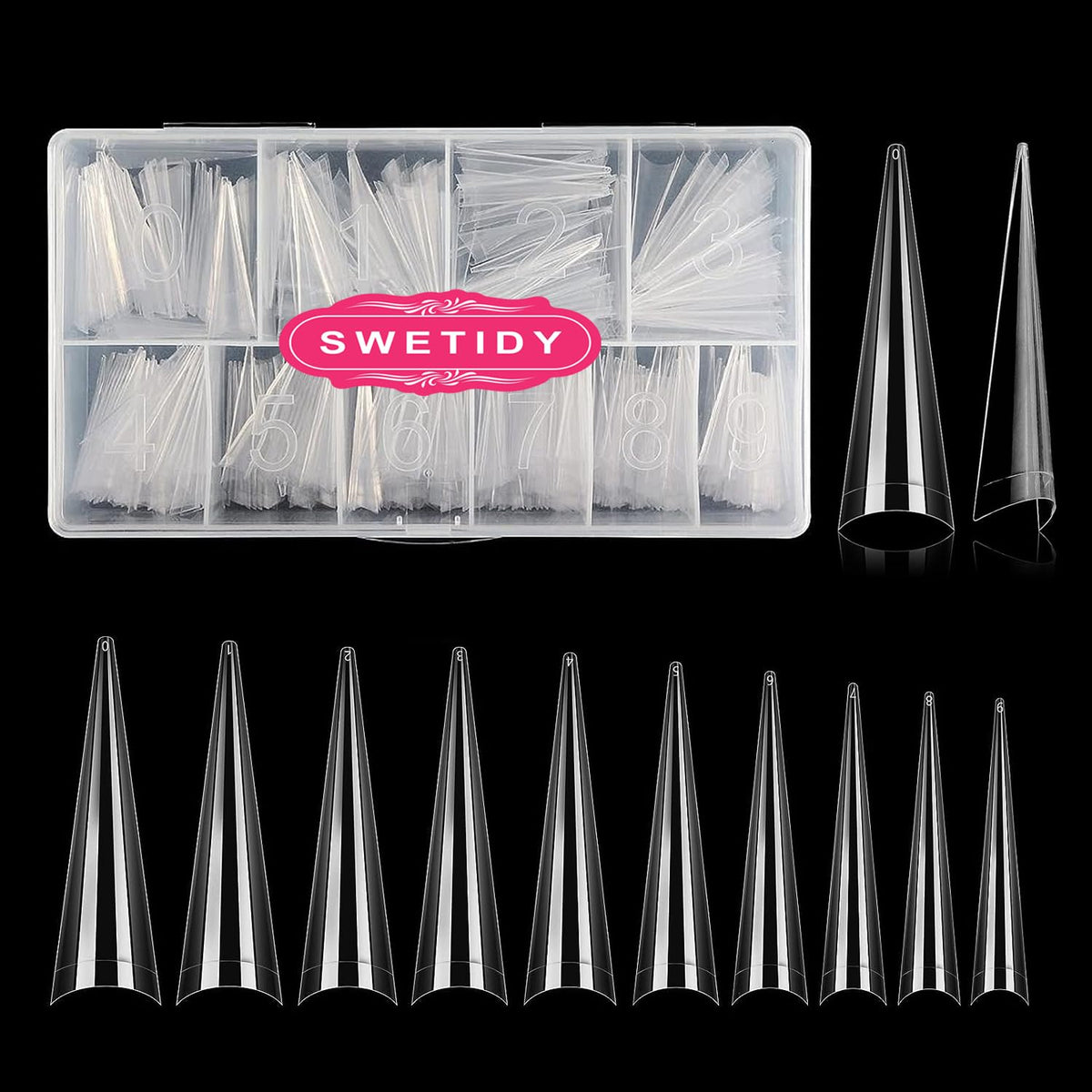 SWETIDY front packaging showing 500PCS XL stiletto tips and box, professional supply benefit