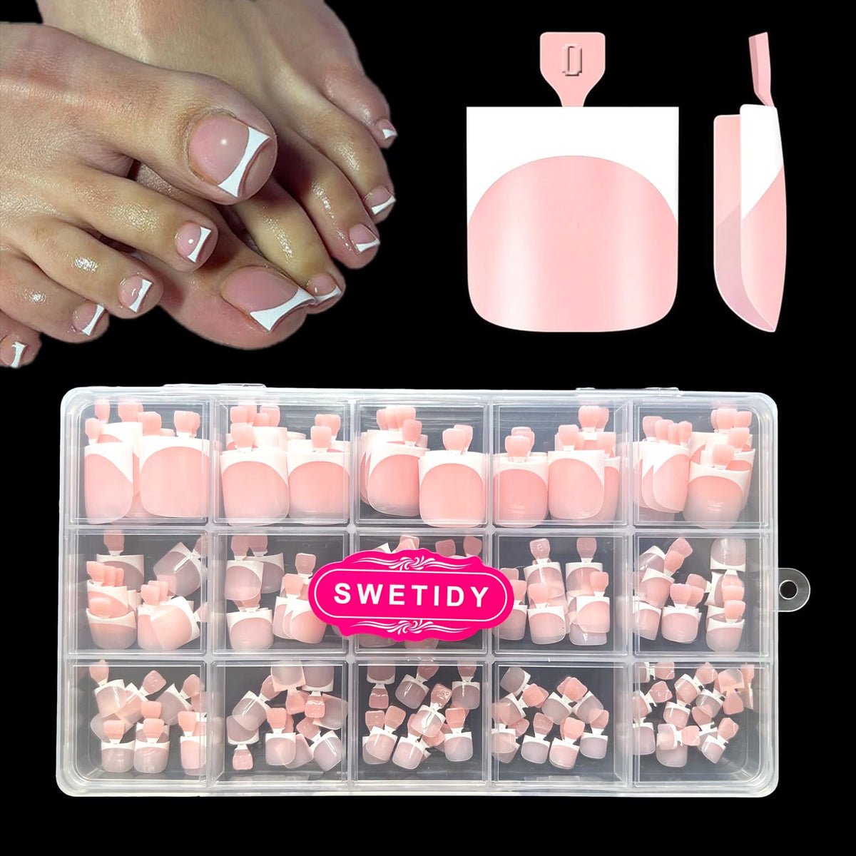 SWETIDY front packaging showing 150-piece French baby-pink toe tips and benefits