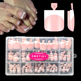 SWETIDY front packaging showing 150-piece French baby-pink toe tips and benefits