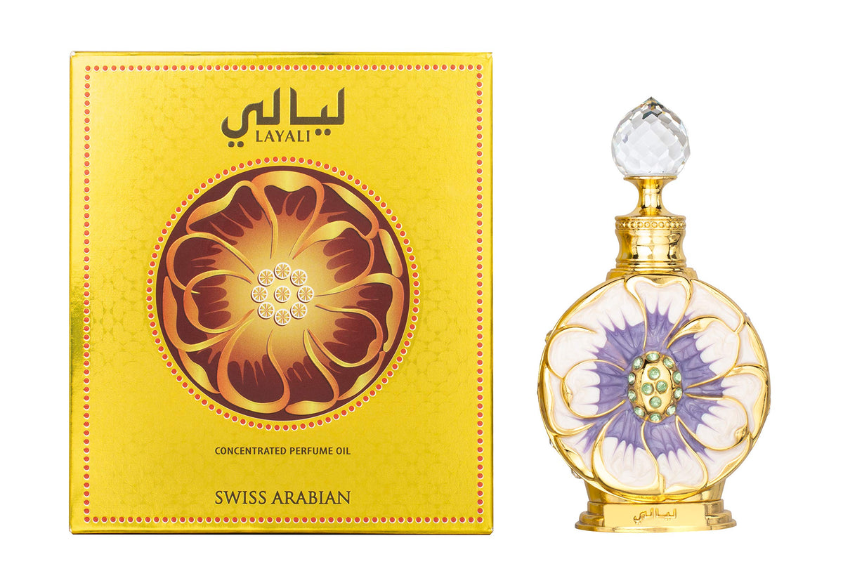 Swiss Arabian Layali ingredient close-up highlighting plum and orange flower accords for richness