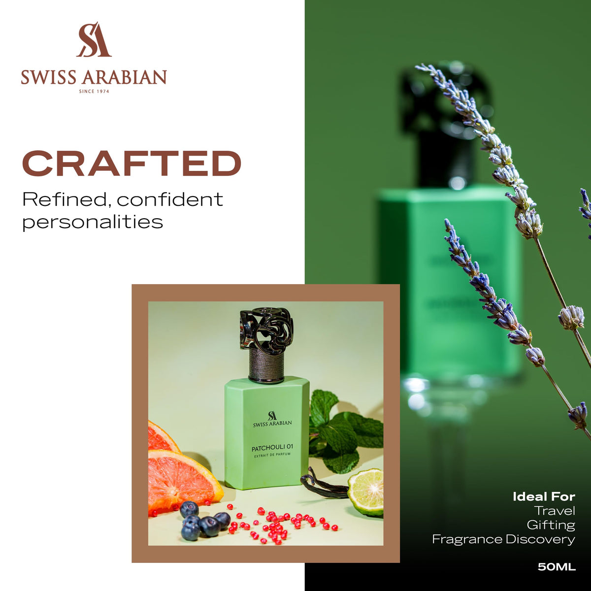 Swiss Arabian bottle next to a hand for size sense and travel-friendly benefit