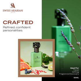 Swiss Arabian bottle next to a hand for size sense and travel-friendly benefit