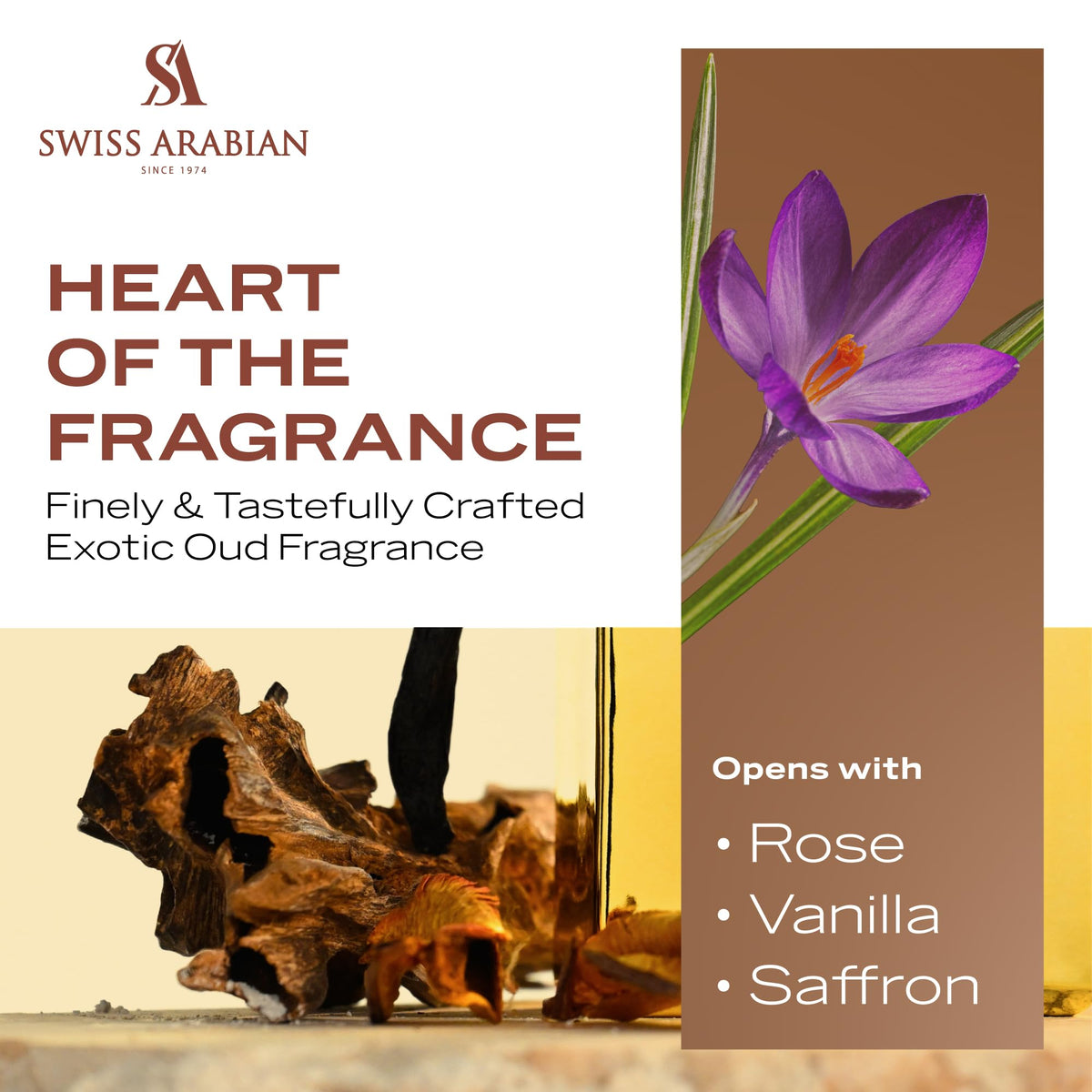 Swiss Arabian Shaghaf Oud ingredients flatlay with saffron, oud and vanilla illustrating richness