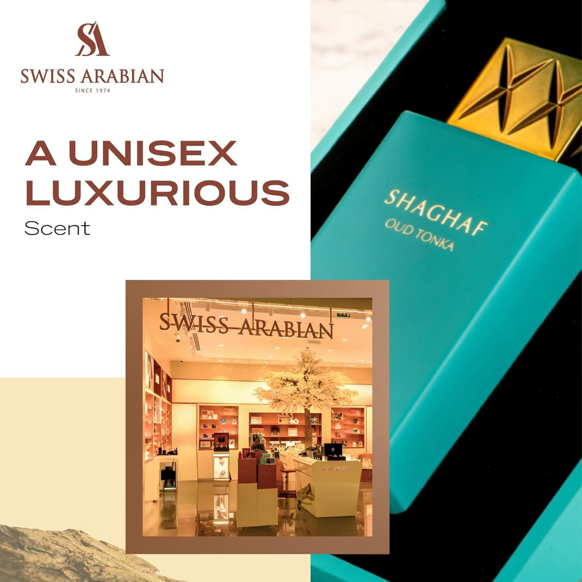 Swiss Arabian Shaghaf Oud Tonka ingredients flatlay with amber and tonka suggesting rich depth