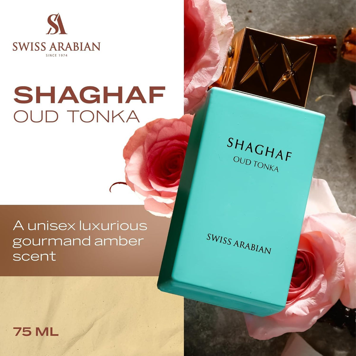 Swiss Arabian Shaghaf Oud Tonka cap and spray detail highlighting easy application benefit