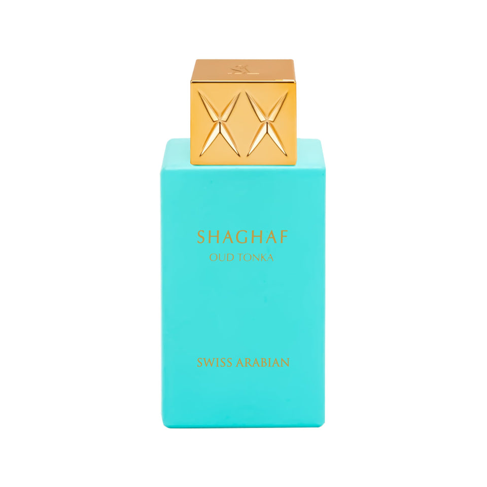 Swiss Arabian Shaghaf Oud Tonka front bottle showing elegant design and warm amber appeal