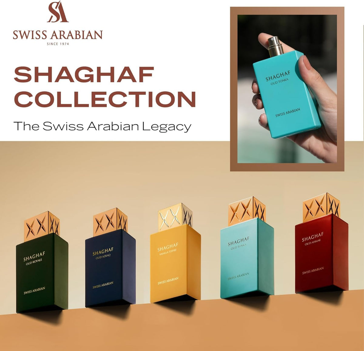 Swiss Arabian Shaghaf Oud Tonka packaging label detail reflecting premium Arabic-inspired branding